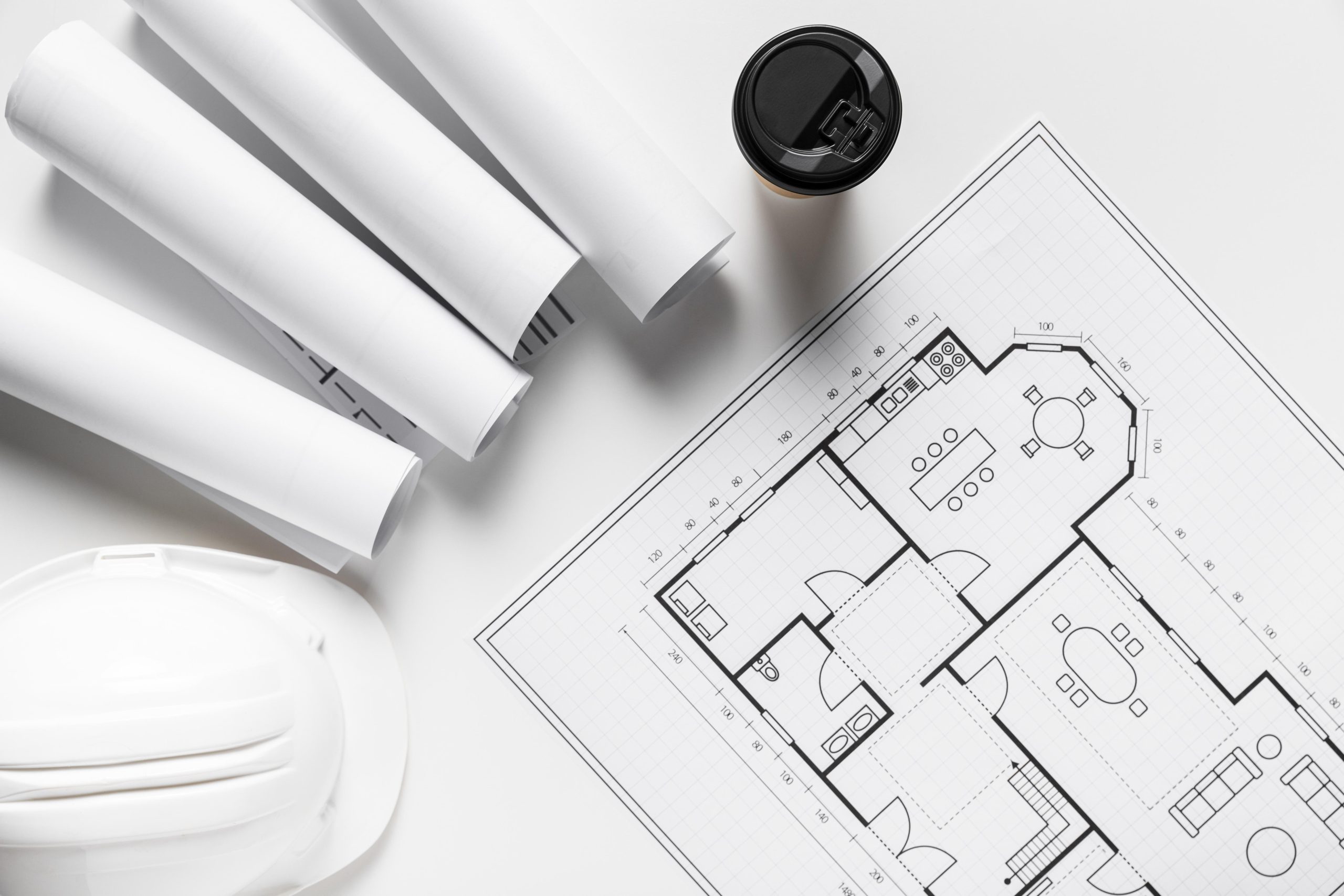 top view arrangement architectural elements white background